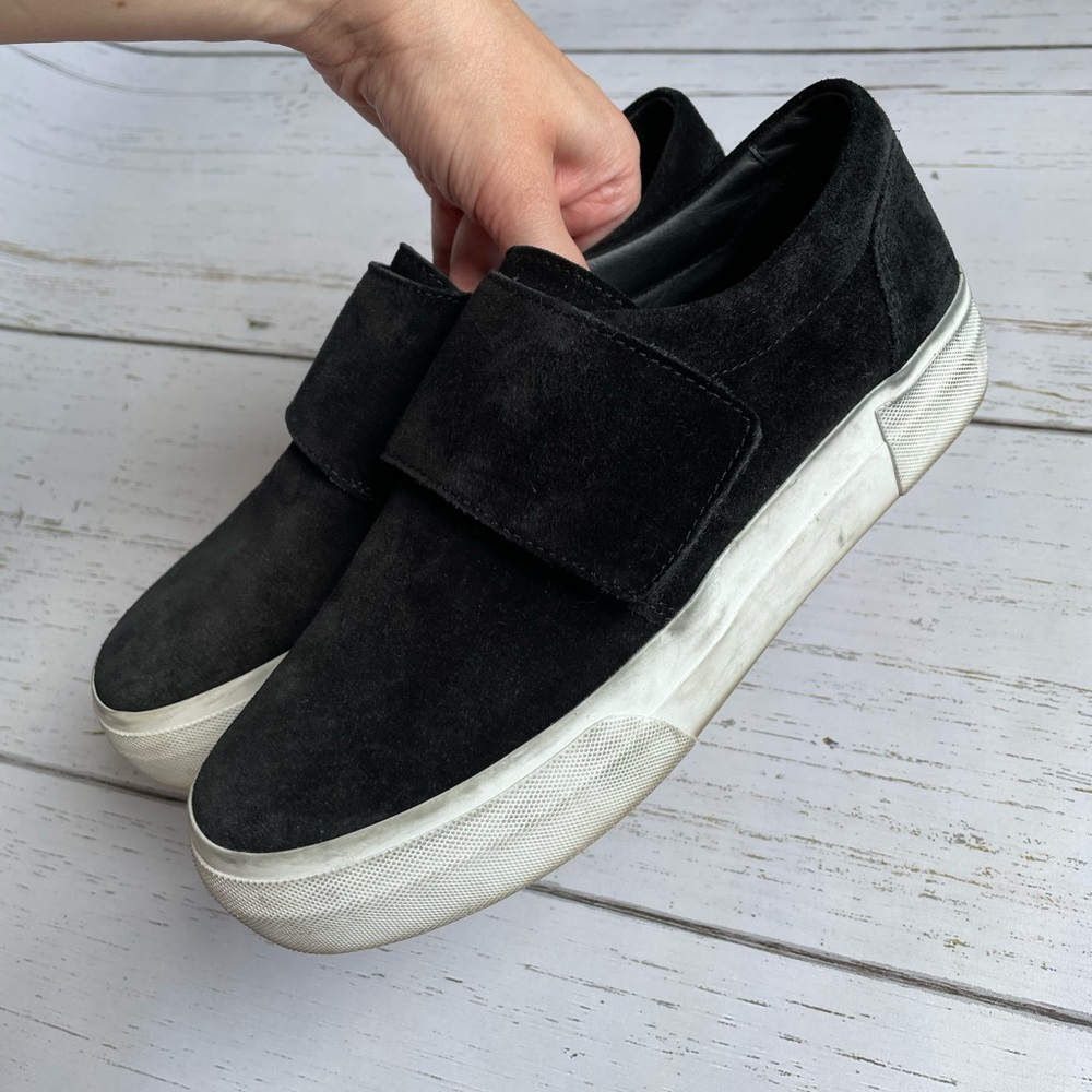 Vince Black Suede Velcro Slip On Platform Sneakers